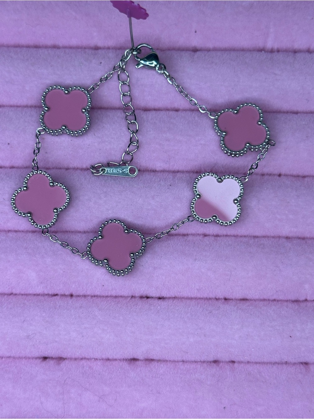 Silver Pink Clover Link Bracelet